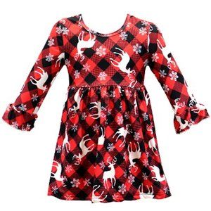Size 2T Girls boutique tunic dress Buffalo Plaid Reindeer Red Black Soft. New